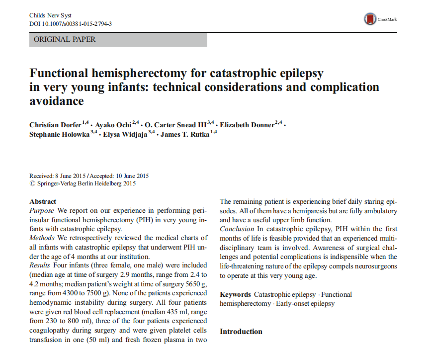 功能半球切除术治疗婴幼儿灾难性癫痫:技术考虑和并发症避免