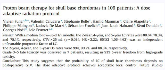 2018年8月，质子治疗106例颅底脊索瘤研究