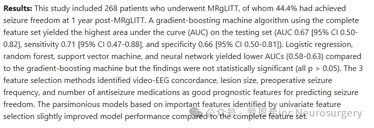 参考文献：Rutka JT.Machine learning models for predicting seizure outcome after MR-guided laser interstitial thermal therapy in children.J Neurosurg Pediatr.2023 Oct 6;32(6):739-749.