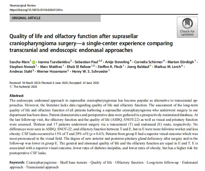 《Quality of life and olfactory function after suprasellar craniopharyngioma surgery——a single-center experience comparing transcranial and endoscopic endonasal approaches》