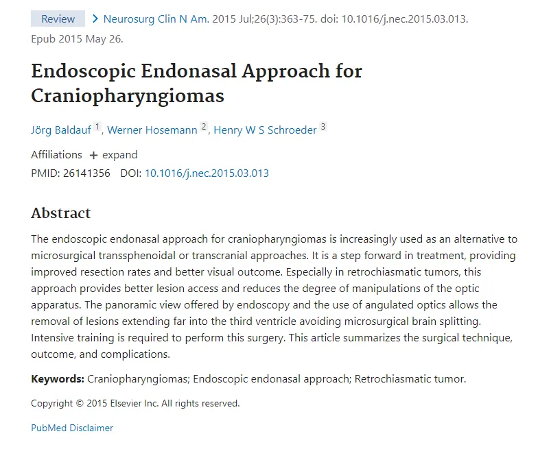 发表于SCIE期刊《Neurosurgery Clinics of North America》（北美神经外科临床）上的论文：《神经内镜下经鼻入路治疗颅咽管瘤》