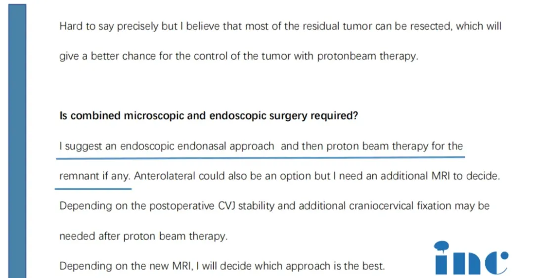 福教授回复邮件截图：“我建议采用内镜下鼻内入路，如果术后有任何残留，再进行质子治疗。”