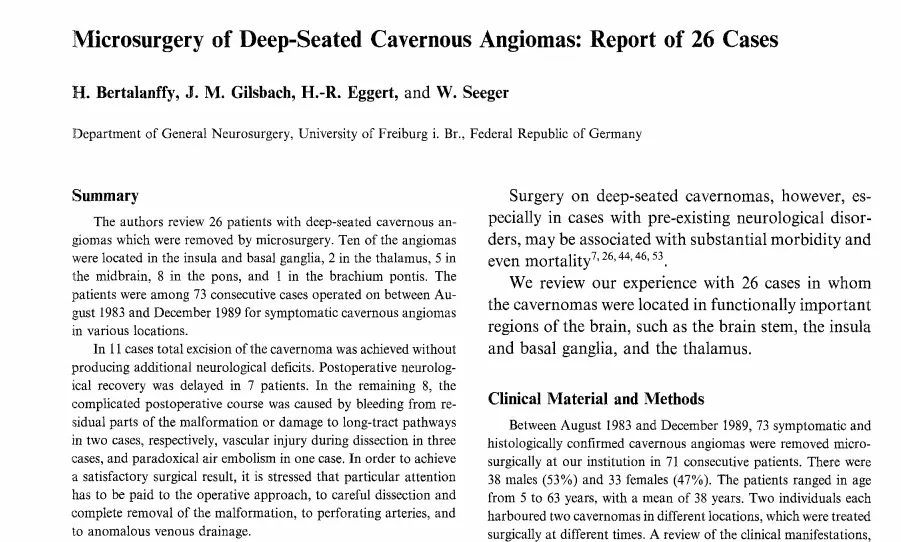 Microsurgery of Deep-Seated Cavernous Angiomas:Report of 26 Cases