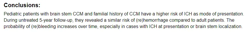 患有脑干海绵状血管瘤和有脑海绵状血管瘤家族史的儿科患者出现脑出血的风险更高